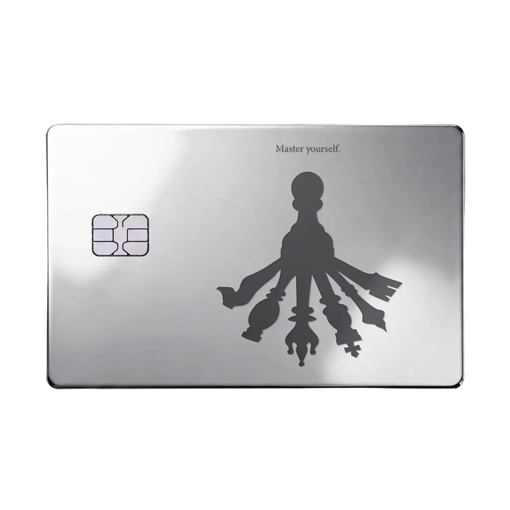 Master Yourself luxury metal card featuring a silhouette with multiple shadows in glossy silver finish