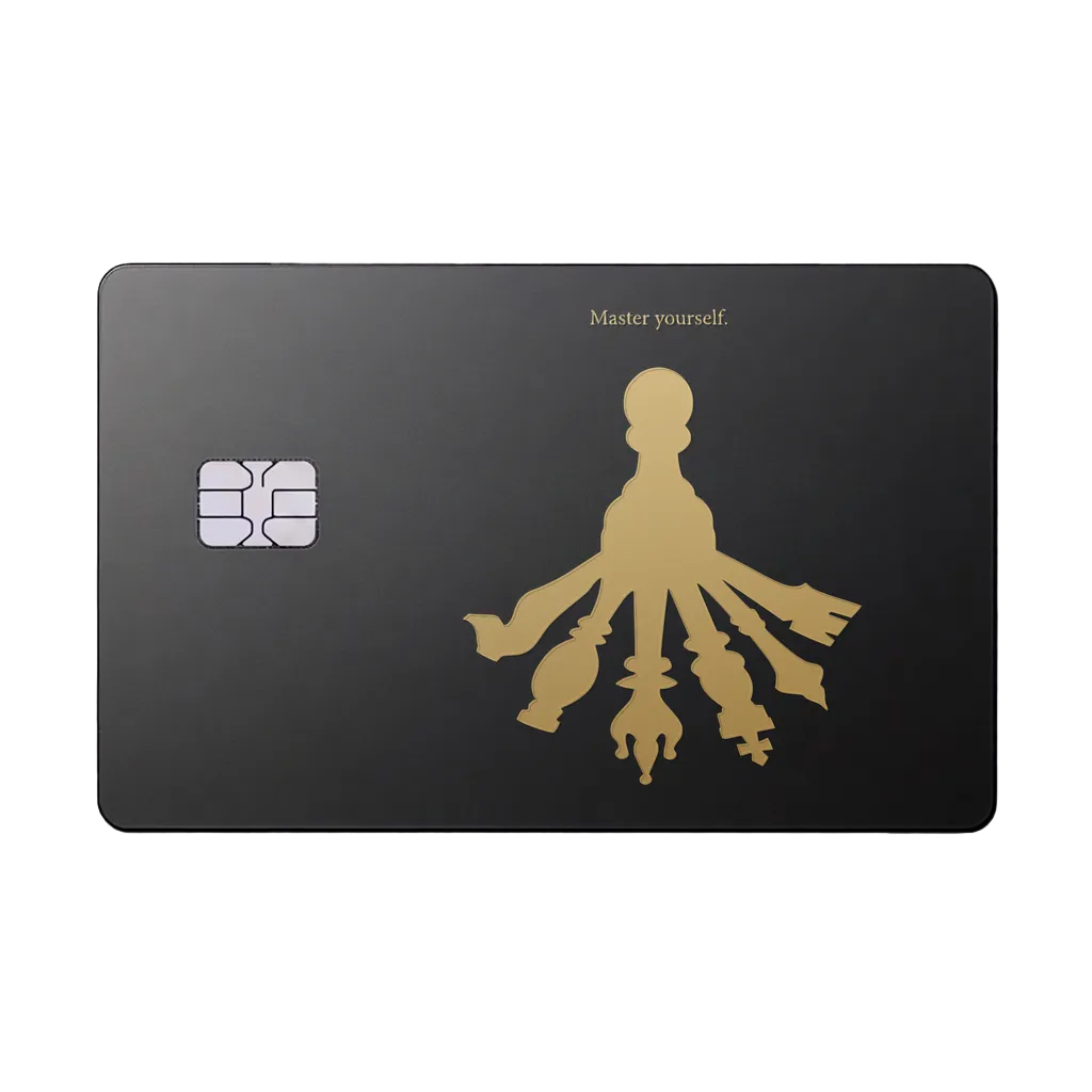 Master Yourself luxury metal card featuring a silhouette with multiple shadows in matte black and gold finish