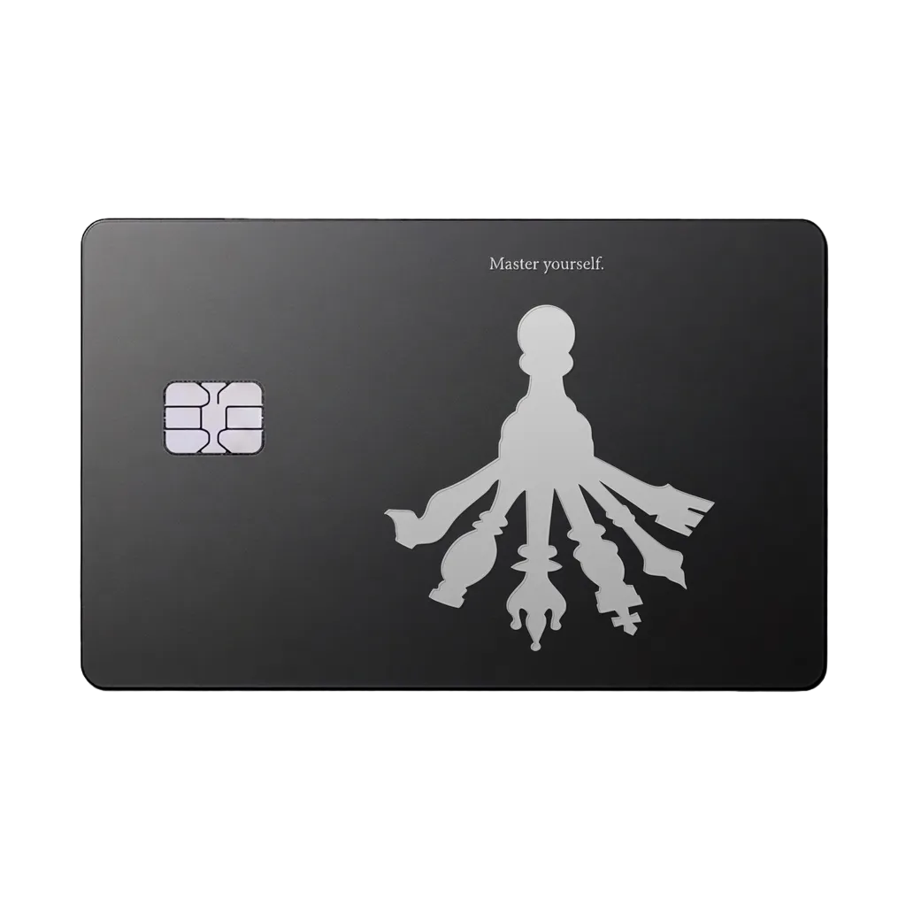 Master Yourself luxury metal card featuring a silhouette with multiple shadows in matte black and silver finish