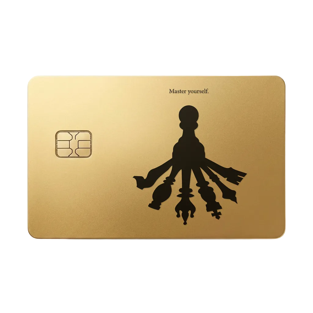 Master Yourself luxury metal card featuring a silhouette with multiple shadows in matte gold finish