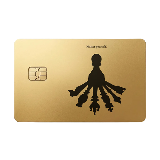 Master Yourself luxury metal card featuring a silhouette with multiple shadows in matte gold finish