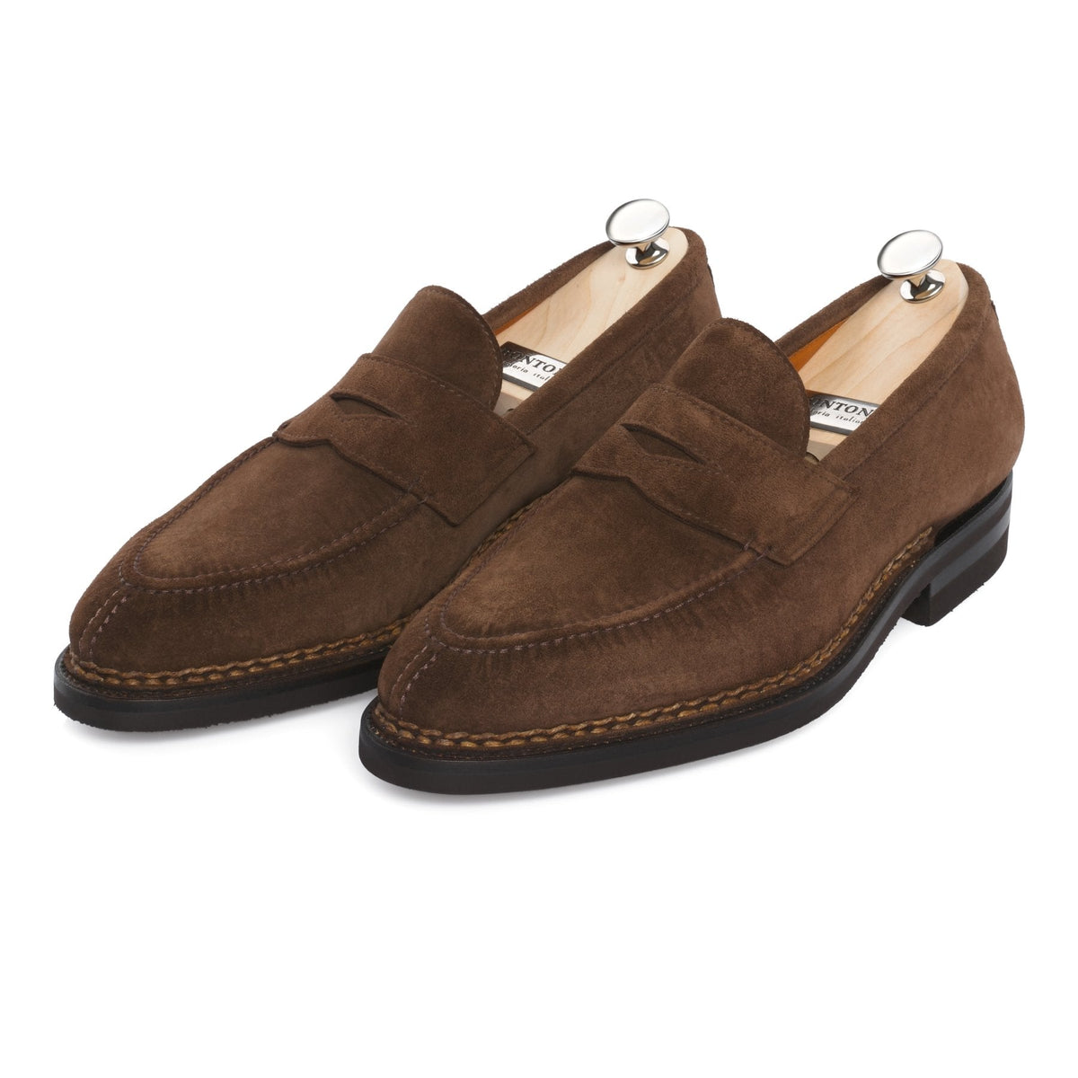 "Principe" Penny Suede Loafer with Hand Stitched Details and Split Toe in Brown