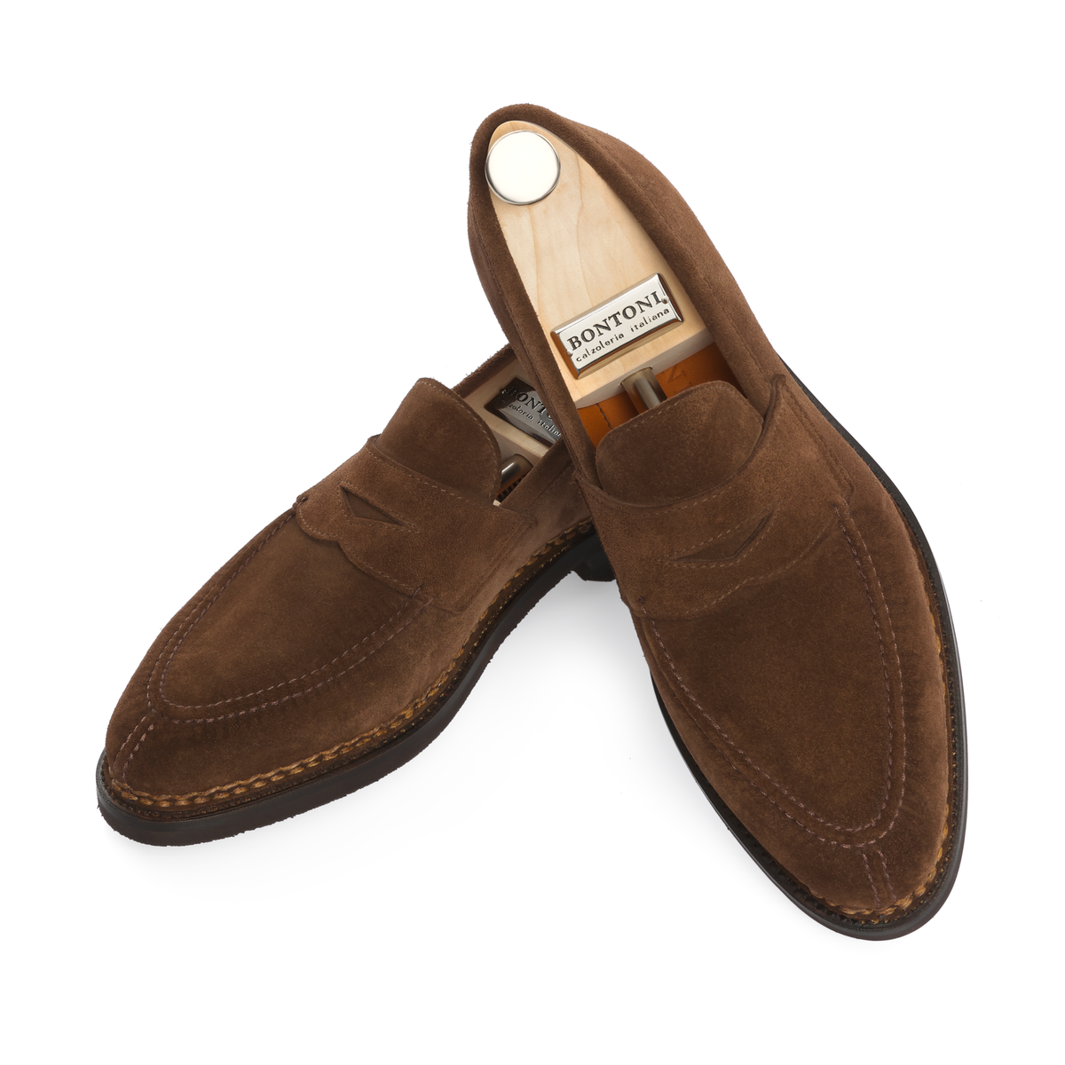 "Principe" Penny Suede Loafer with Hand Stitched Details and Split Toe in Brown