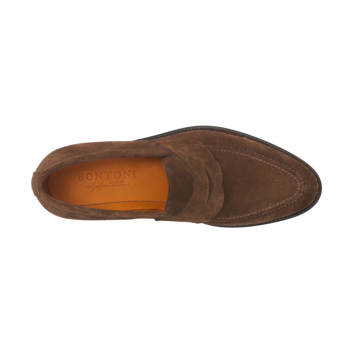"Principe" Penny Suede Loafer with Hand Stitched Details and Split Toe in Brown