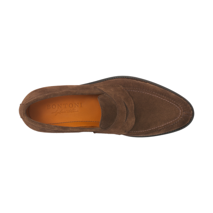 "Principe" Penny Suede Loafer with Hand Stitched Details and Split Toe in Brown