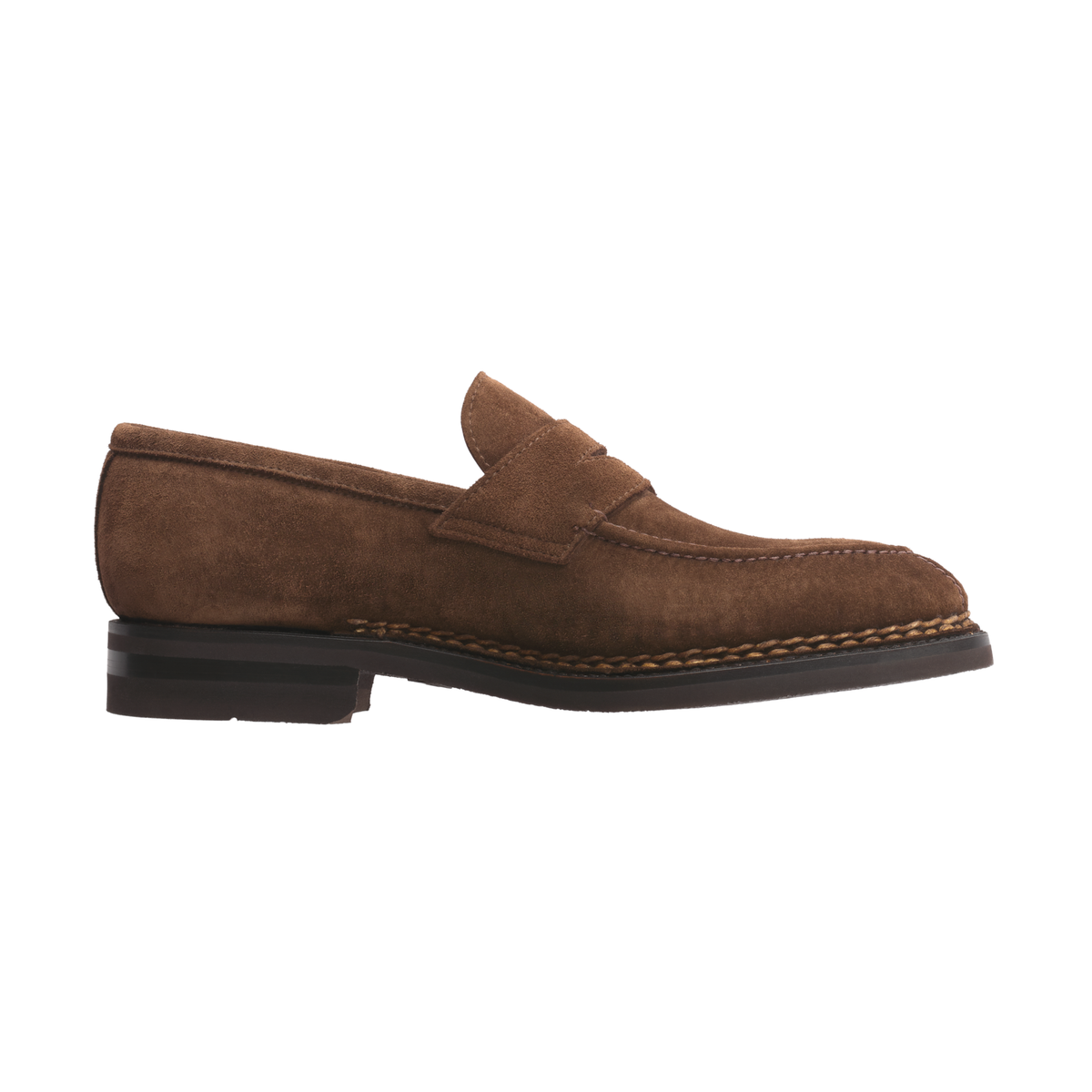 "Principe" Penny Suede Loafer with Hand Stitched Details and Split Toe in Brown