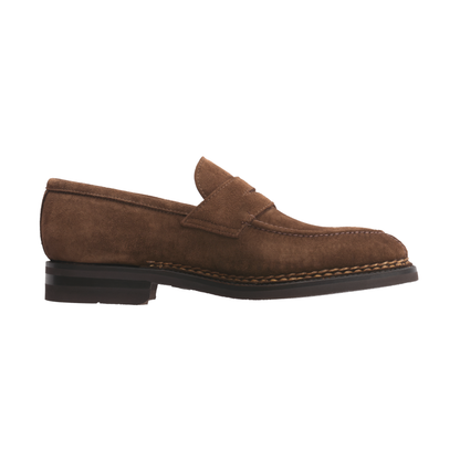 "Principe" Penny Suede Loafer with Hand Stitched Details and Split Toe in Brown