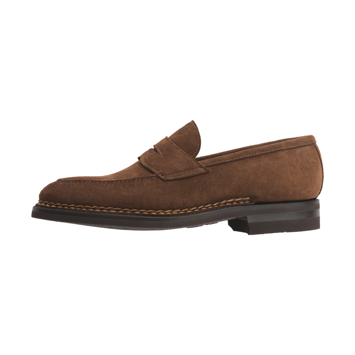 "Principe" Penny Suede Loafer with Hand Stitched Details and Split Toe in Brown