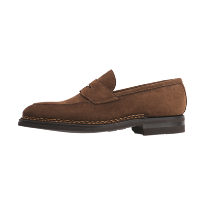 "Principe" Penny Suede Loafer with Hand Stitched Details and Split Toe in Brown