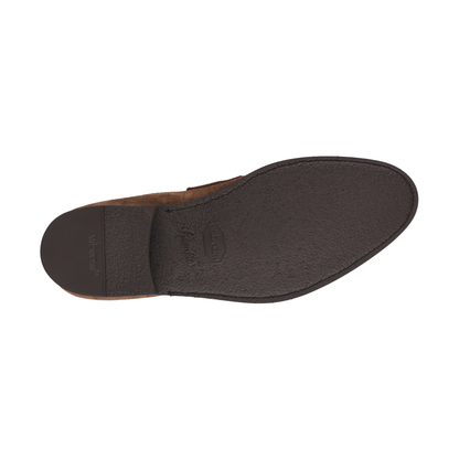 "Principe" Penny Suede Loafer with Hand Stitched Details and Split Toe in Brown
