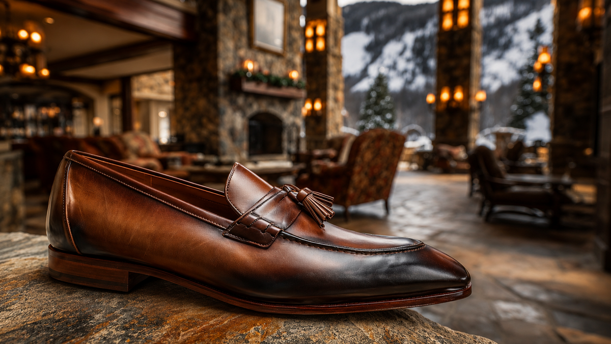A single brown leather penny loafer with a tassel, resting on a stone surface in a rustic lodge interior with a snowy mountain view in the background.