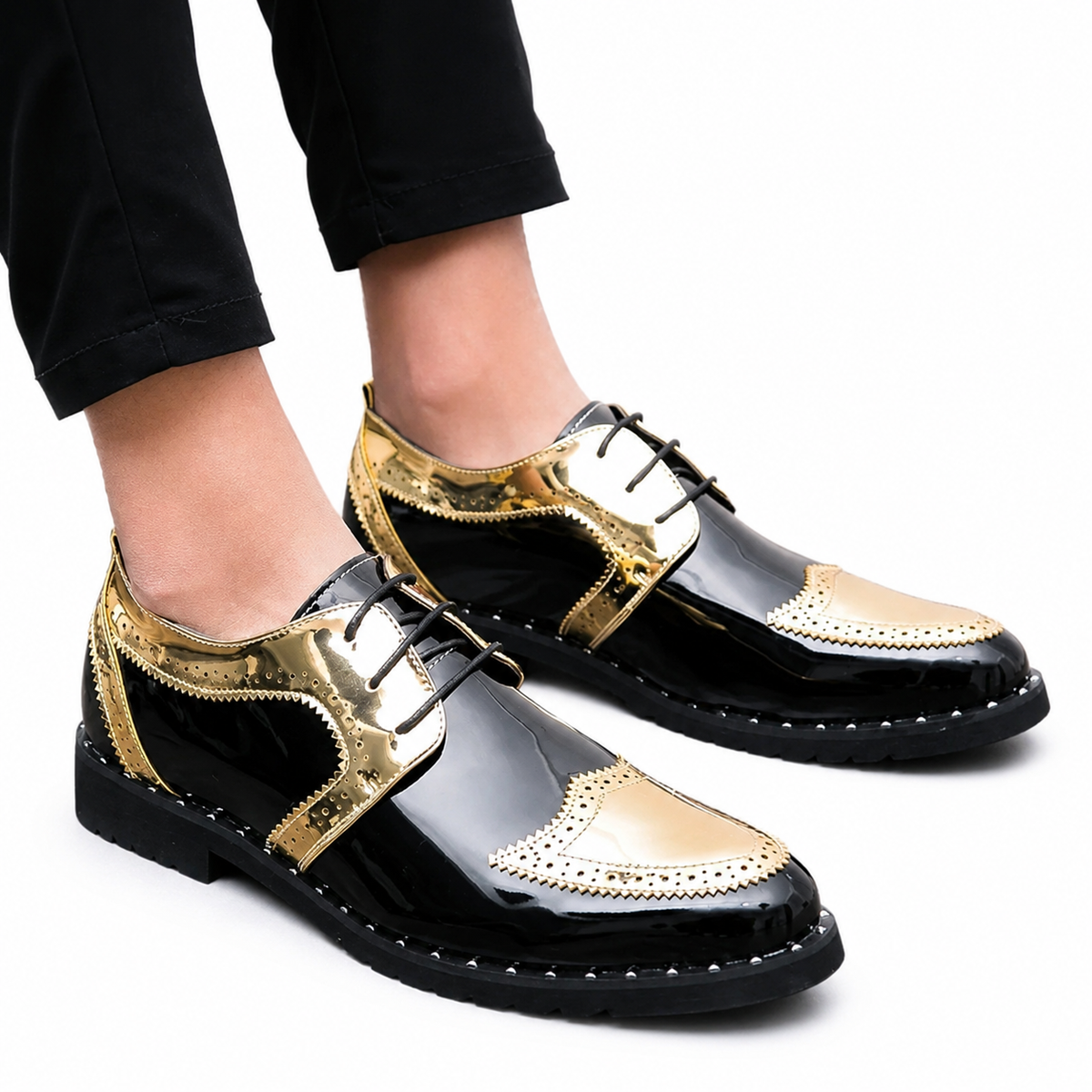 Men's Black Patent Leather Dress Shoes, Gold Tone Lace-Up Wedding Shoes, Oxford Business Shoes, Formal Groom Shoes