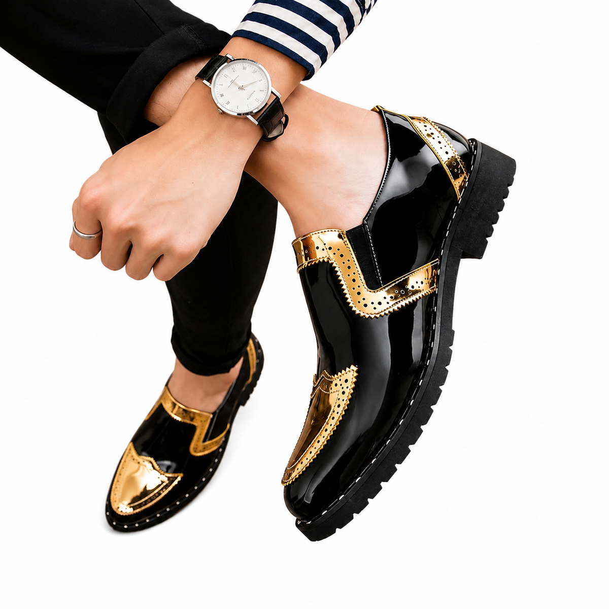 Men's Black Patent Leather Dress Shoes, Gold Tone Lace-Up Wedding Shoes, Oxford Business Shoes, Formal Groom Shoes