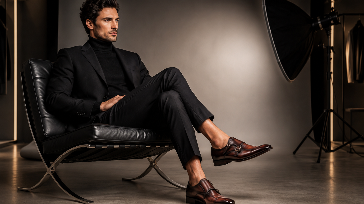 A man in a black suit and black turtleneck sits in a black leather chair, wearing brown leather dress shoes in a studio setting with a soft spotlight on a dark background.