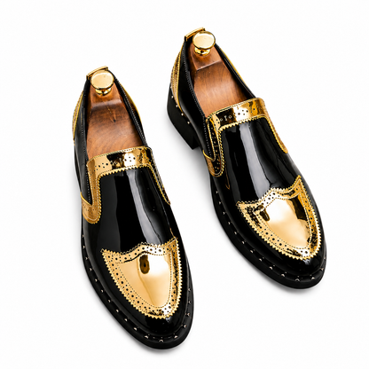 Men's Black Patent Leather Dress Shoes, Gold Tone Lace-Up Wedding Shoes, Oxford Business Shoes, Formal Groom Shoes