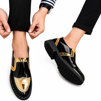 Men's Black Patent Leather Dress Shoes, Gold Tone Lace-Up Wedding Shoes, Oxford Business Shoes, Formal Groom Shoes