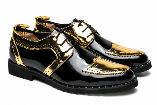 Men's Black Patent Leather Dress Shoes, Gold Tone Lace-Up Wedding Shoes, Oxford Business Shoes, Formal Groom Shoes