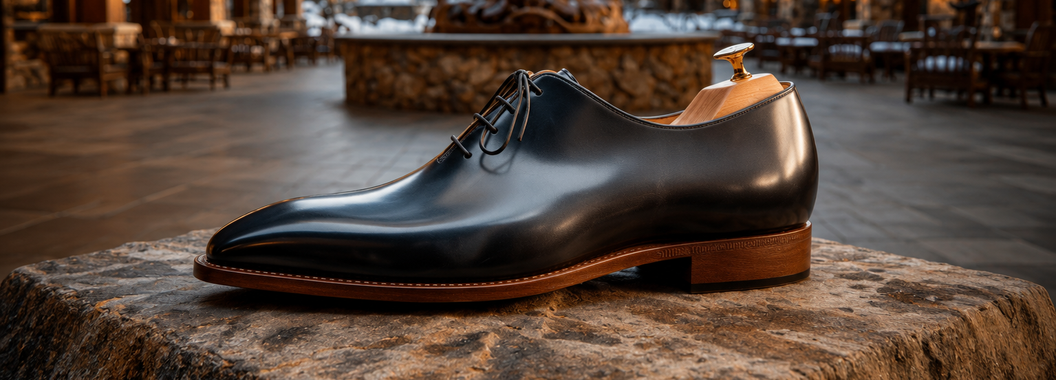 A black leather oxford dress shoe with a brown sole and heel, resting on a large stone pedestal in front of a blurred resort-style lodge courtyard with snow in the background.