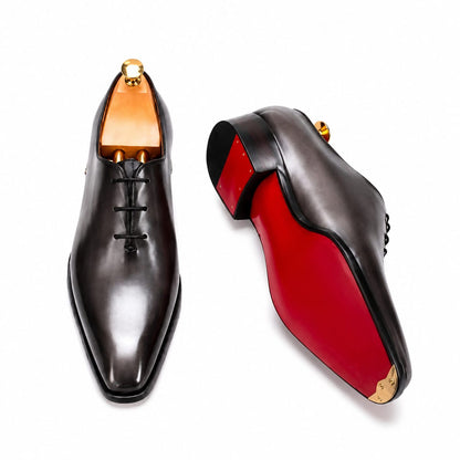 Black Wholecut Oxford Shoes — Handmade, Red Leather Sole | PelleVista