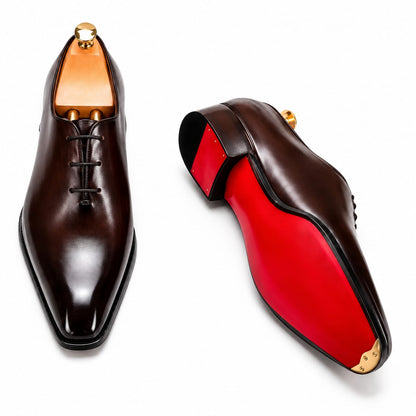 Black Wholecut Oxford Shoes — Handmade, Red Leather Sole | PelleVista