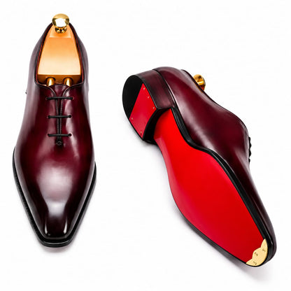 Black Wholecut Oxford Shoes — Handmade, Red Leather Sole | PelleVista
