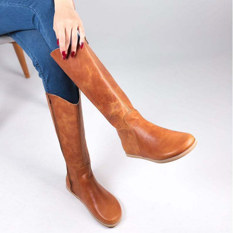 Handmade Leather Knee High Boots: Barefoot Zero Drop, Honey Camel