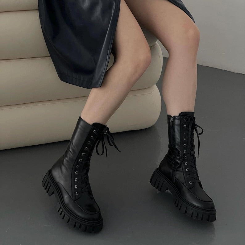 Handmade chunky goth boots for women, platform military combat boots, high black leather brutal boots with wide round toe box