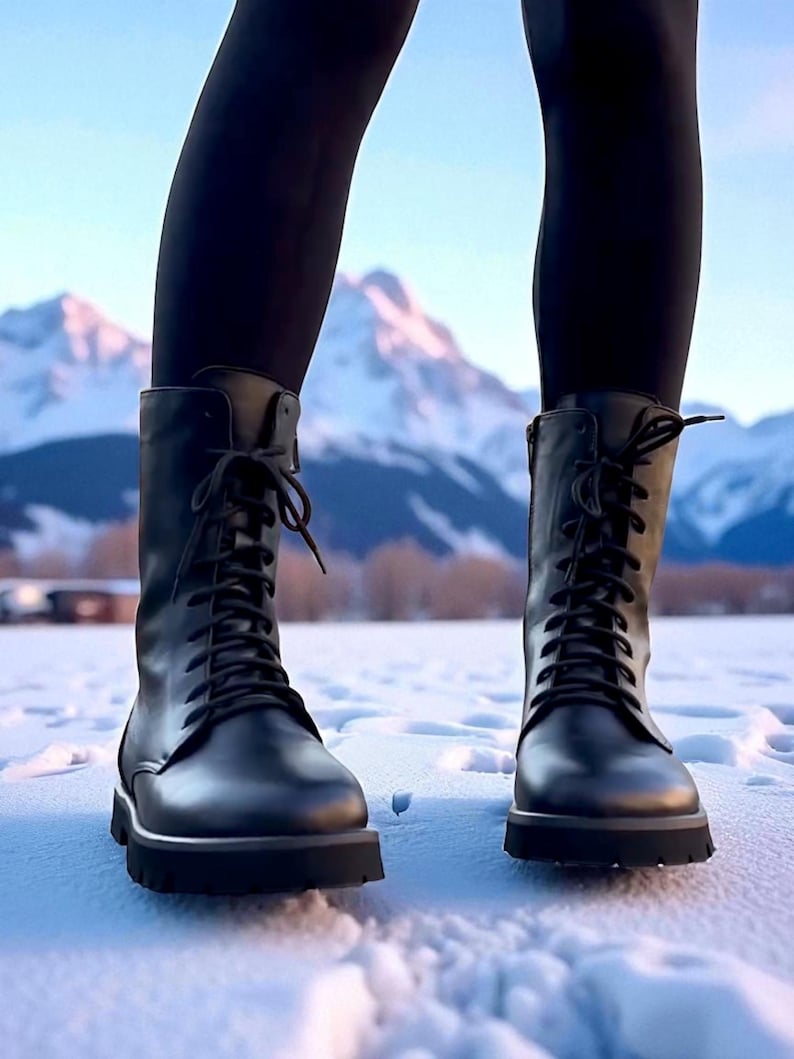 Womens winter black leather lace up combat boots | wide toe box shoes women | custom winter boots | anatomical shoes of any color