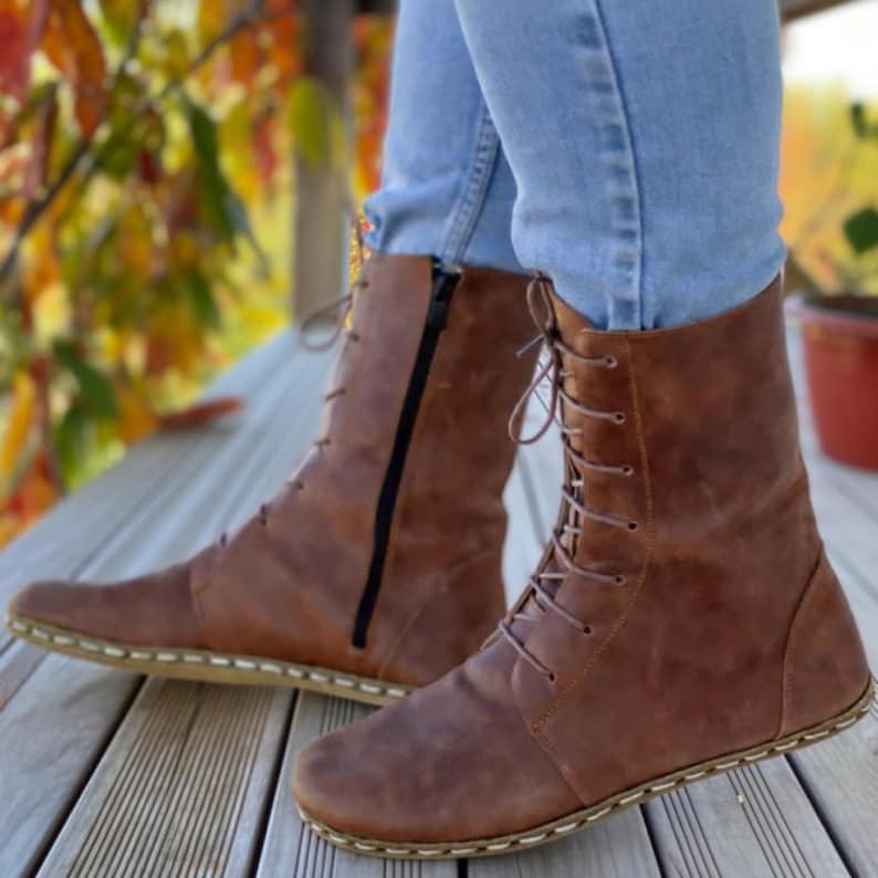 Handmade Leather Barefoot Boots: Minimalist Lace-up Zero Drop Shoes