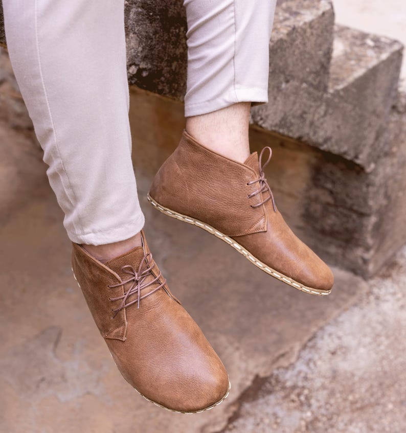 Men's Barefoot Chukka Boots, Grounding Buffalo Sole, Brown Leather Desert Boots, Wide Toe Box