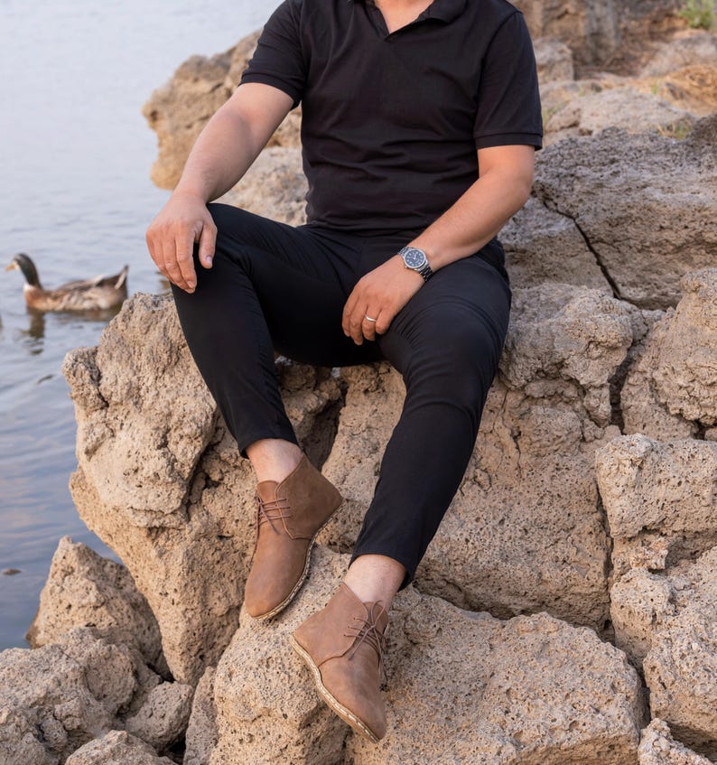 Men's Barefoot Chukka Boots, Grounding Buffalo Sole, Brown Leather Desert Boots, Wide Toe Box