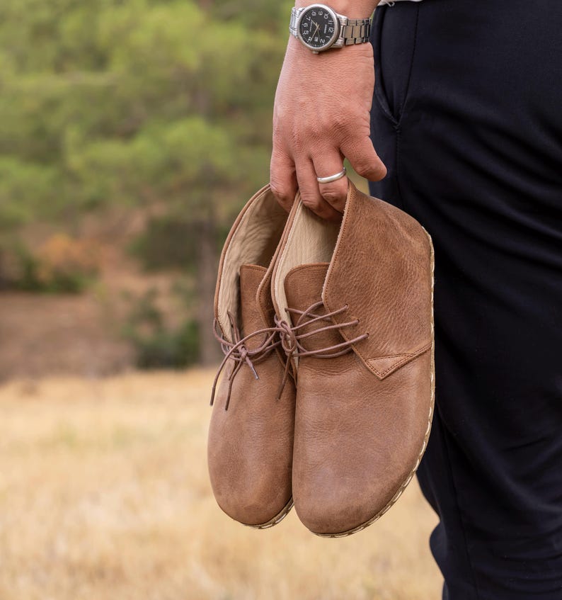 Men's Barefoot Chukka Boots, Grounding Buffalo Sole, Brown Leather Desert Boots, Wide Toe Box