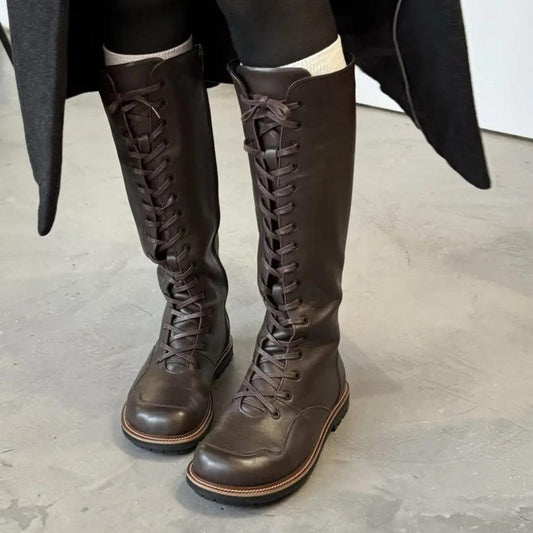 Women Barefoot Knee High Boots, Wide Toe Box Leather Boots, Anatomical Lace up Riding Boots With Zipper, Warm Fleece Lined Flat Boots