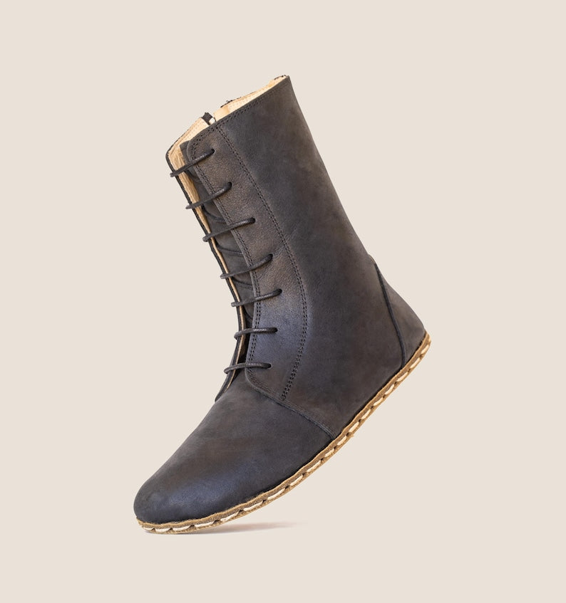 Barefoot Boots Women, Black Lace Up Leather, Copper Grounding, Wide Toe Box, Zero Drop