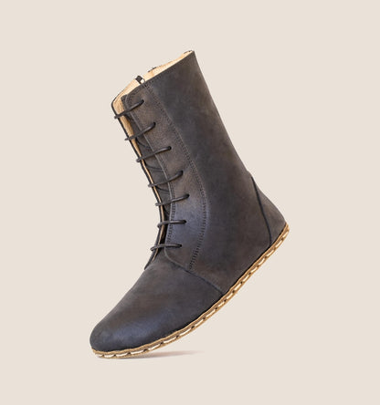 Barefoot Boots Women, Black Lace Up Leather, Copper Grounding, Wide Toe Box, Zero Drop