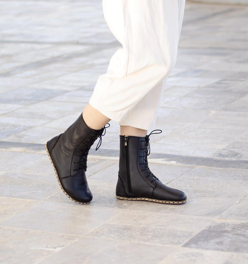 Barefoot Boots Women, Black Lace Up Leather, Copper Grounding, Wide Toe Box, Zero Drop