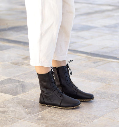 Barefoot Boots Women, Black Lace Up Leather, Copper Grounding, Wide Toe Box, Zero Drop