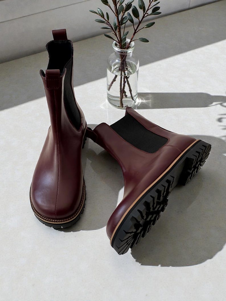 Burgundy Leather Chelsea Boots - Wide Toe Box Shoes Women | Custom Anatomical Footwear | Barefoot Style Elastic Boots Any Color Fall Winter