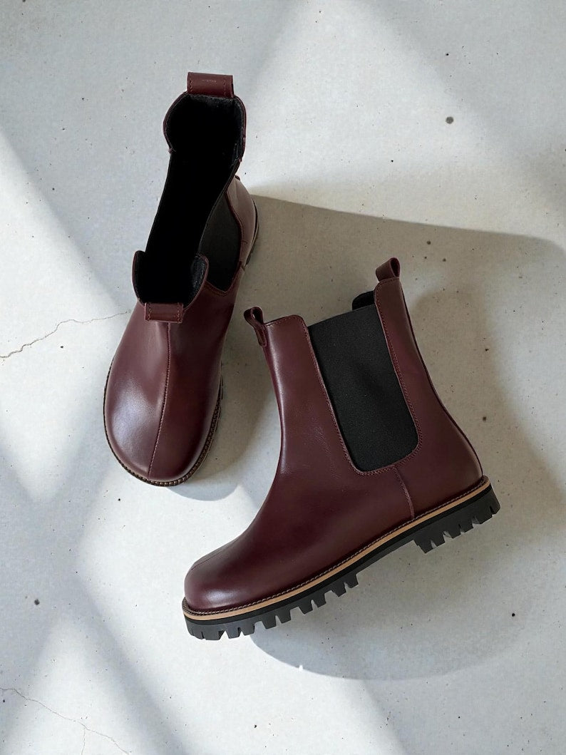 Burgundy Leather Chelsea Boots - Wide Toe Box Shoes Women | Custom Anatomical Footwear | Barefoot Style Elastic Boots Any Color Fall Winter