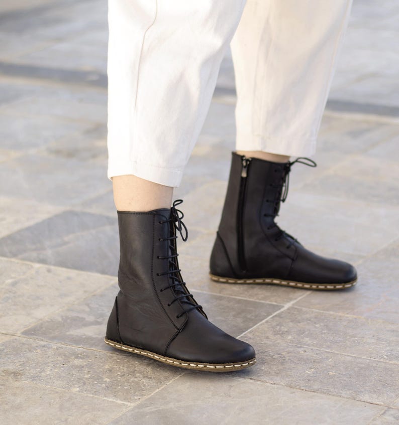 Barefoot Boots Women, Black Lace Up Leather, Copper Grounding, Wide Toe Box, Zero Drop