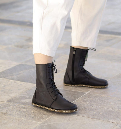 Barefoot Boots Women, Black Lace Up Leather, Copper Grounding, Wide Toe Box, Zero Drop