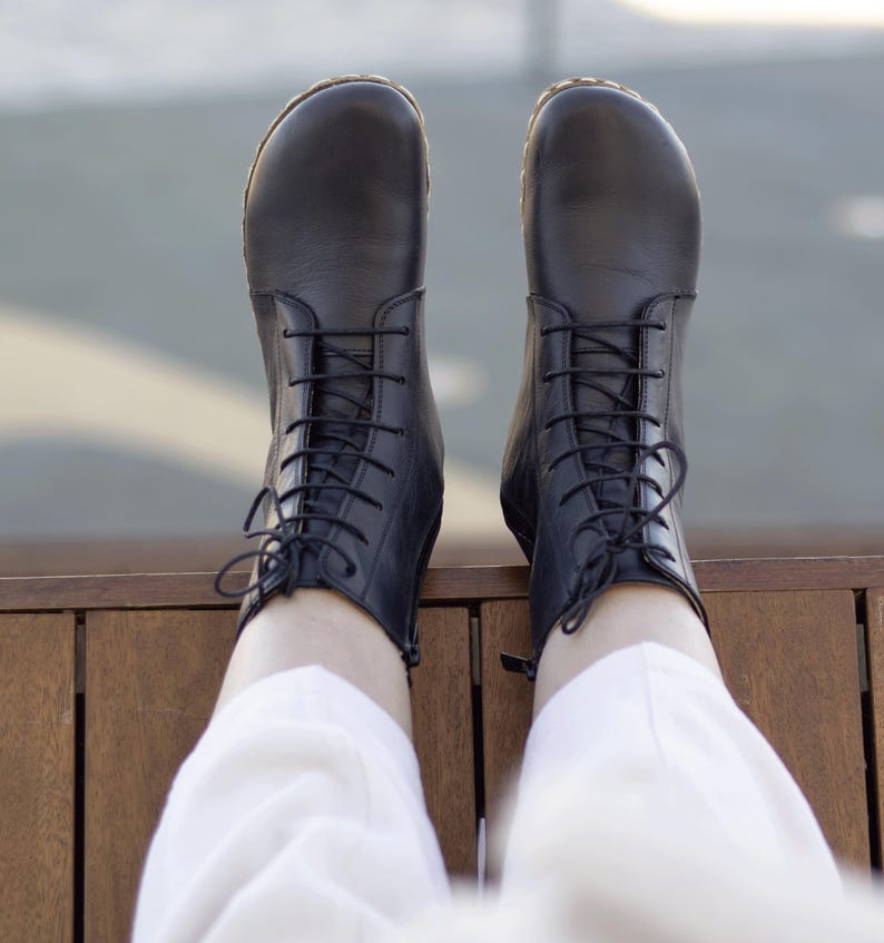 Barefoot Boots Women, Black Lace Up Leather, Copper Grounding, Wide Toe Box, Zero Drop