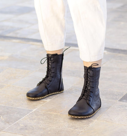 Barefoot Boots Women, Black Lace Up Leather, Copper Grounding, Wide Toe Box, Zero Drop