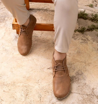 Men's Barefoot Chukka Boots, Grounding Buffalo Sole, Brown Leather Desert Boots, Wide Toe Box