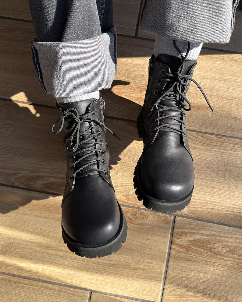 Barefoot Style Combat Boots | Wide Toe Box Boots Women | Minimalist Black Leather Lace up Ankle Boots | Anatomical Custom Shoes Any Color