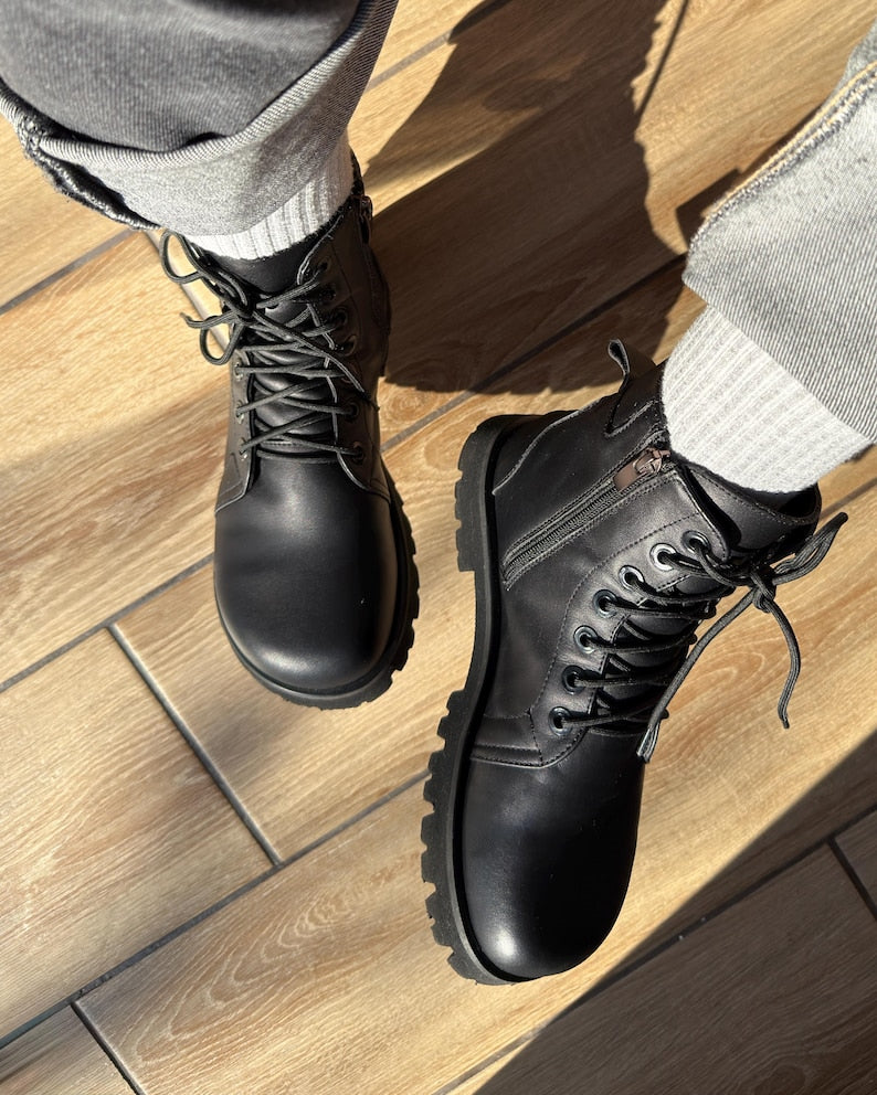 Barefoot Style Combat Boots | Wide Toe Box Boots Women | Minimalist Black Leather Lace up Ankle Boots | Anatomical Custom Shoes Any Color