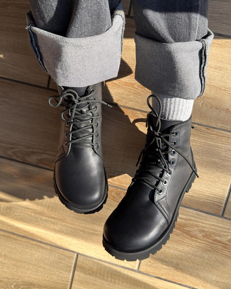 Barefoot Style Combat Boots | Wide Toe Box Boots Women | Minimalist Black Leather Lace up Ankle Boots | Anatomical Custom Shoes Any Color
