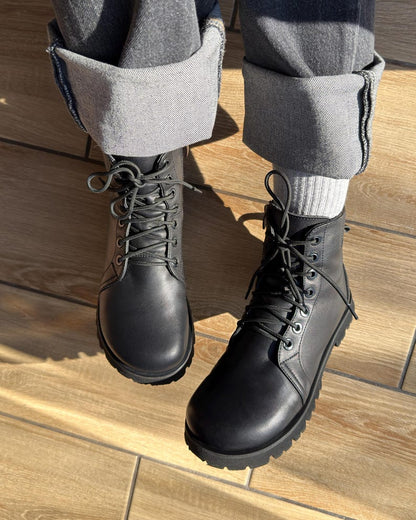 Barefoot Style Combat Boots | Wide Toe Box Boots Women | Minimalist Black Leather Lace up Ankle Boots | Anatomical Custom Shoes Any Color