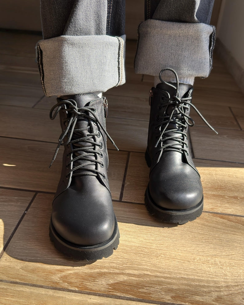 Barefoot Style Combat Boots | Wide Toe Box Boots Women | Minimalist Black Leather Lace up Ankle Boots | Anatomical Custom Shoes Any Color