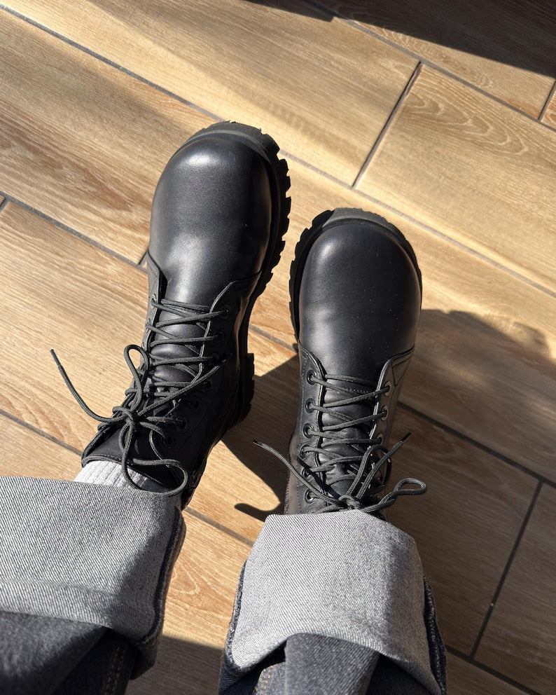 Barefoot Style Combat Boots | Wide Toe Box Boots Women | Minimalist Black Leather Lace up Ankle Boots | Anatomical Custom Shoes Any Color